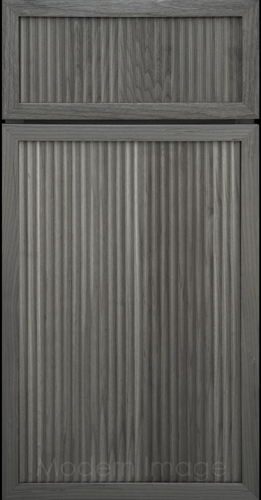 Modern kitchen featuring Arcadia Cove Pewter stained cabinets with narrow frames and fluted center panels